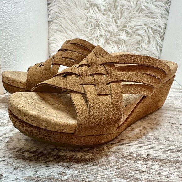 UGG Sandals Size 6.5  Nubuck Tan Lilah Strappy Suede Cork Wedge Hot! - Picture 3 of 12
